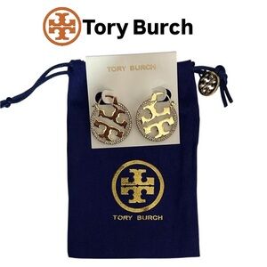 Tory Burch Miller Logo Gold and Pave Crystals Hoop Earrings NWT